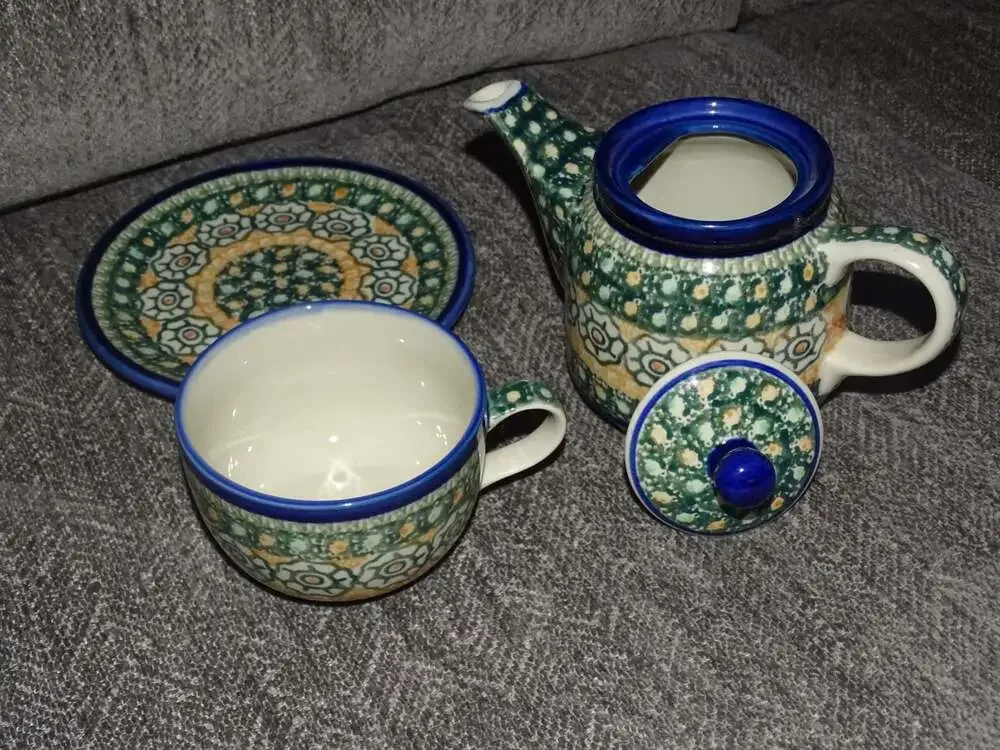 Ceramika Artystyczna Polish Pottery Tea Set with Teapot, Cup, and Saucer